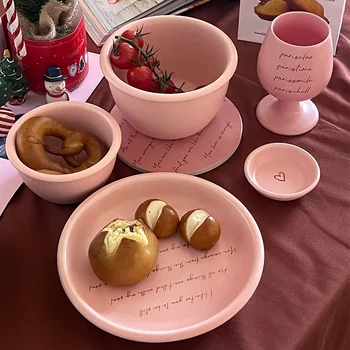 Koreański ins styl różowy angielski zestaw naczyń, sprzęt ceramiczna суповая miska, duża piękna miska, talerz i talerz