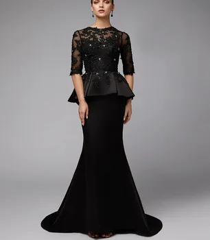 Nowe Czarne Sukienki Syrena dla Matki panny Młodej 2022 Przezroczyste Koraliki z Kamieni Szlachetnych Krótki Rękaw Koronki Satyna Ślubne, Suknie Wieczorowe