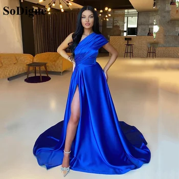 SoDigne Niebieski Royal 2022 Trapezowe Satynowe Długie Wieczorowe Sukienki Na Jedno Ramię, Z Przodu Długie Suknie Wieczorowe Na Studniówkę Robe De Soiree
